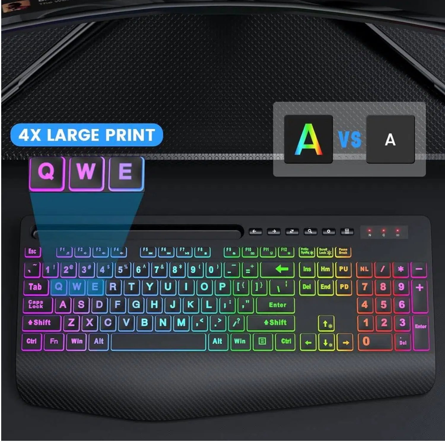 Wireless Keyboard and Mouse Combo with 9 Backlit, Wrist Rest & Phone Holder, Large Print,Deep Black