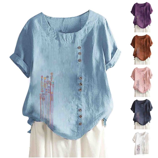 Fiudx Tops para Mujer Blusa Informal y de Lino con Botones y Manga Corta Estampada para Mujer