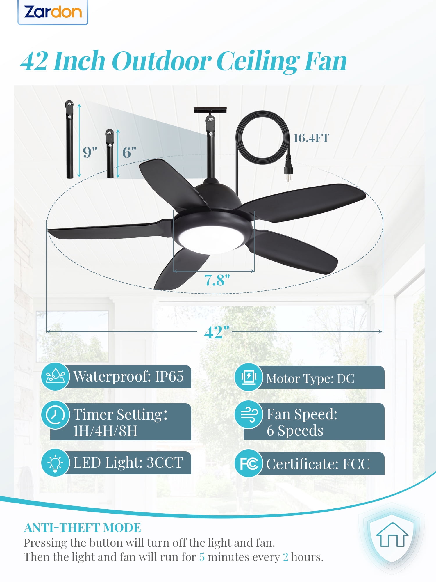 Zardon 42" Modern Outdoor Ceiling Fan with Light and Remote Control 6-Speed DC Motor, 3 Color Temperatures, Weather-Resistant for Outdoor, Black