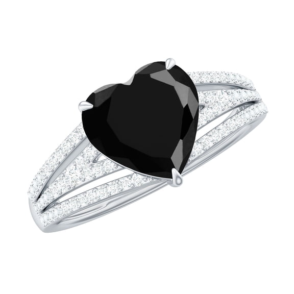 Rosec Jewels Heart Shape Created Black Diamond Ring with Diamond (8 mm) - Split Shank Ring, 925 Sterling Silver, US 4.00