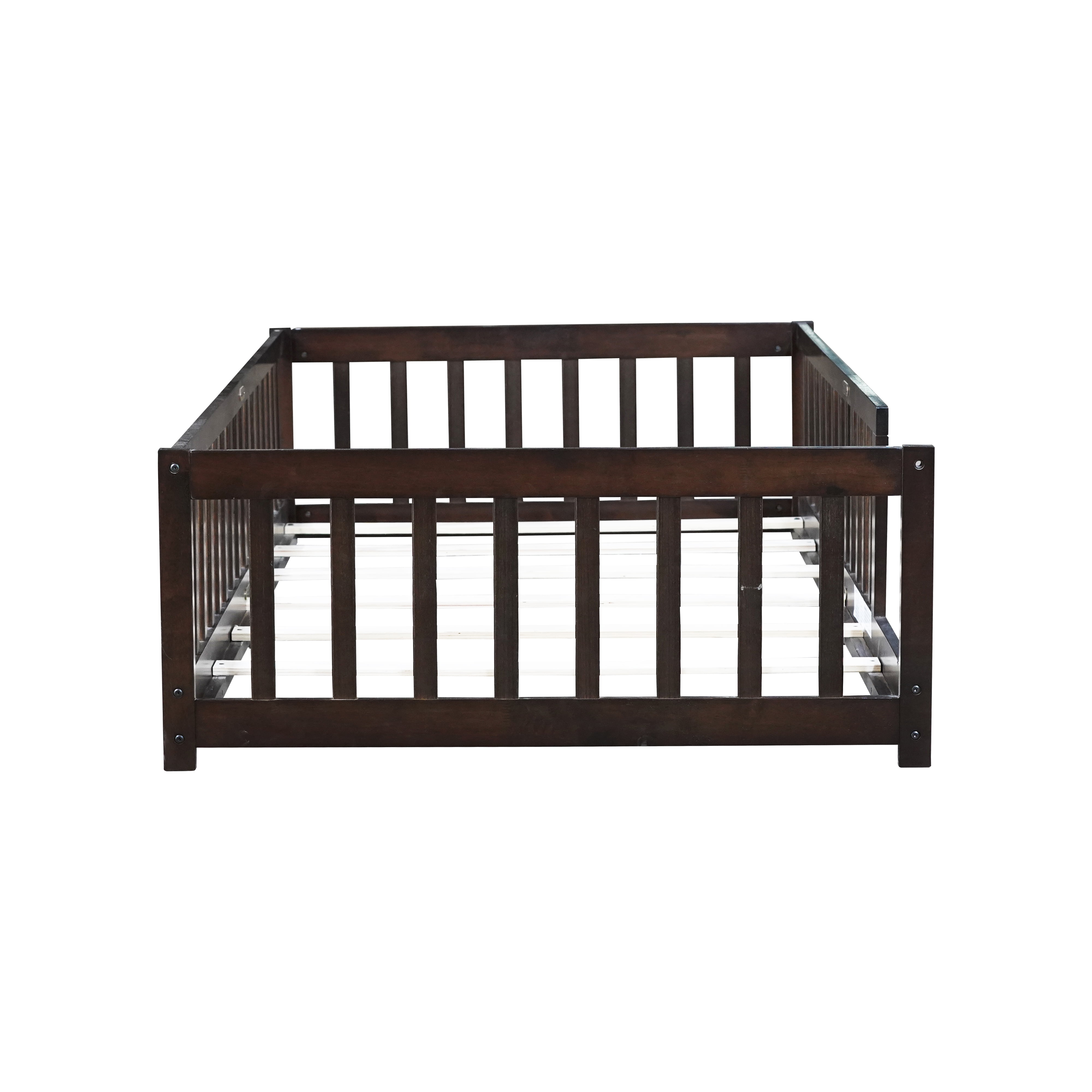 Miniyam Wooden Twin Size Floor Bed with Safety Fence for Kids, Espresso