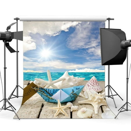 Image of ABPHOTO Polyester 5x7ft Sand Beach Backdrop Seaside Backdrops Starfish Shell Blue Sky White Cloud Ocean Sailing Photography Background for Girls Lover Summer Holiday Journey Photo Studio Props