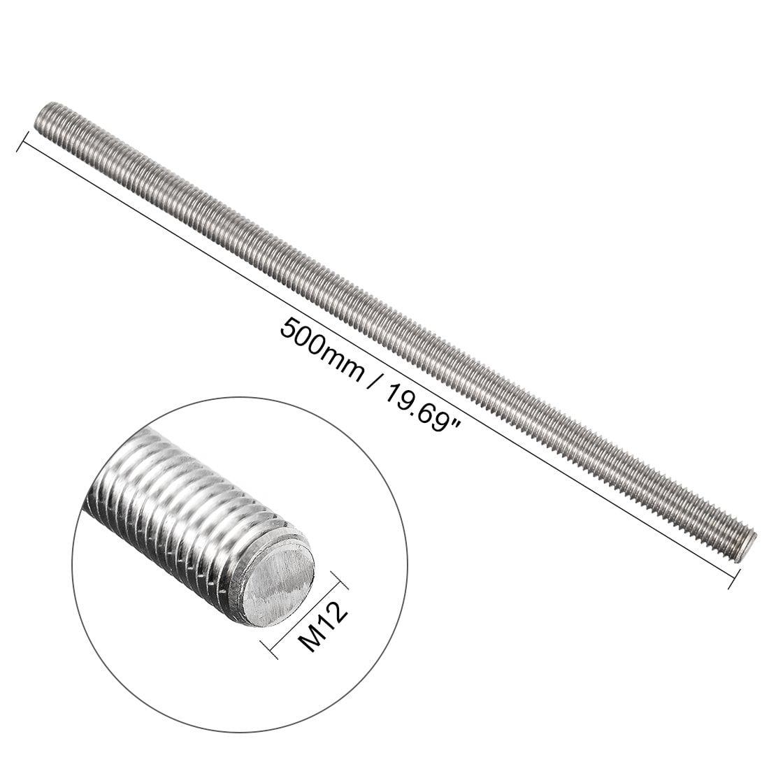 （M12x500 mm） Fully Threaded Rod, 304 Stainless Steel, Right Hand Threads