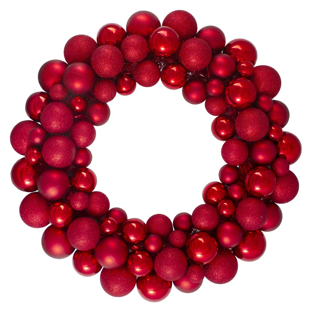 Red Hot 3Finish Shatterproof Ball Christmas Wreath 24Inch, Unlit
