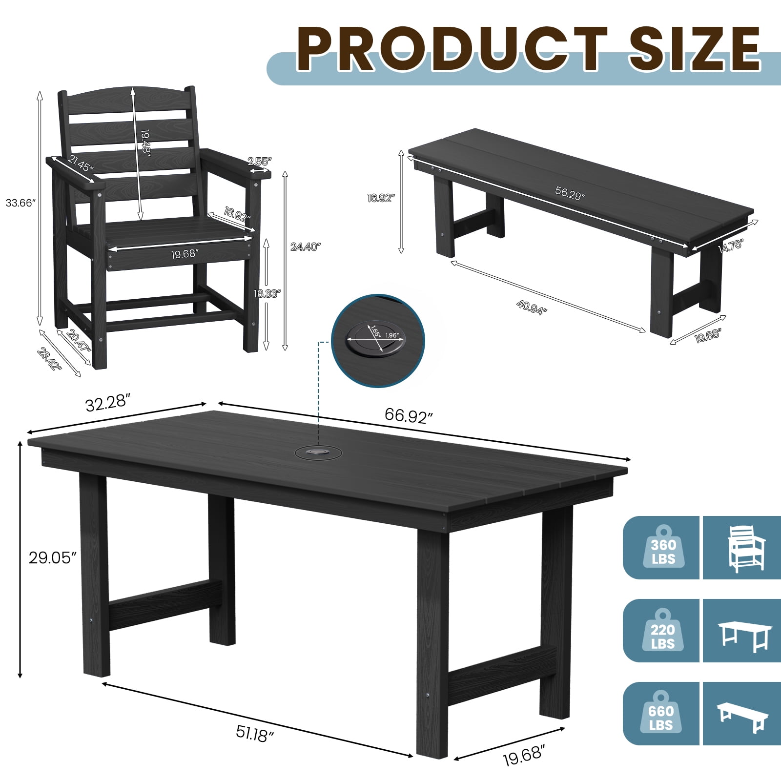 LOYALICE 6 Pieces Patio Furniture Set, HDPE Outdoor Dining Table Set with 1 Bench, 4 Chairs, Durable and Weather-Resistant for Patio, Garden and Balcony Use, Black