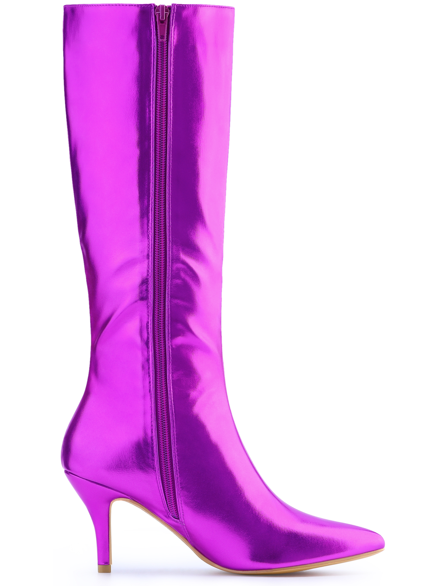 DARING DIVA Women's Pointed Toe Stiletto Heels Shiny Knee-high Boots Purple 8