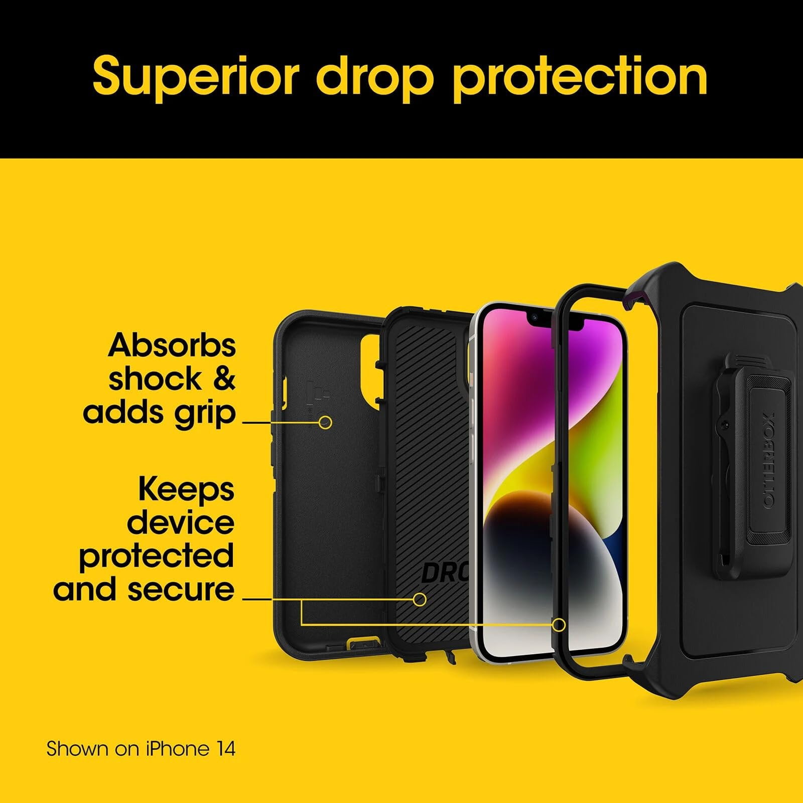 OtterBox iPhone 15, iPhone 14, & iPhone 13 Only - Defender Series Case - Black - Screenless - Rugged & Durable - with Port Protection - Holster Clip Includes - Non-Retail Packaging