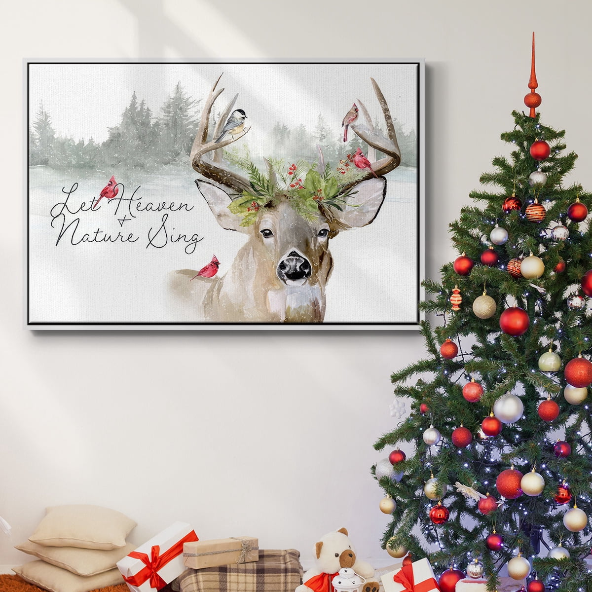 Holiday Deer Collection A - Framed Gallery Wrapped Holiday Canvas - 17 x 25 - White Frame