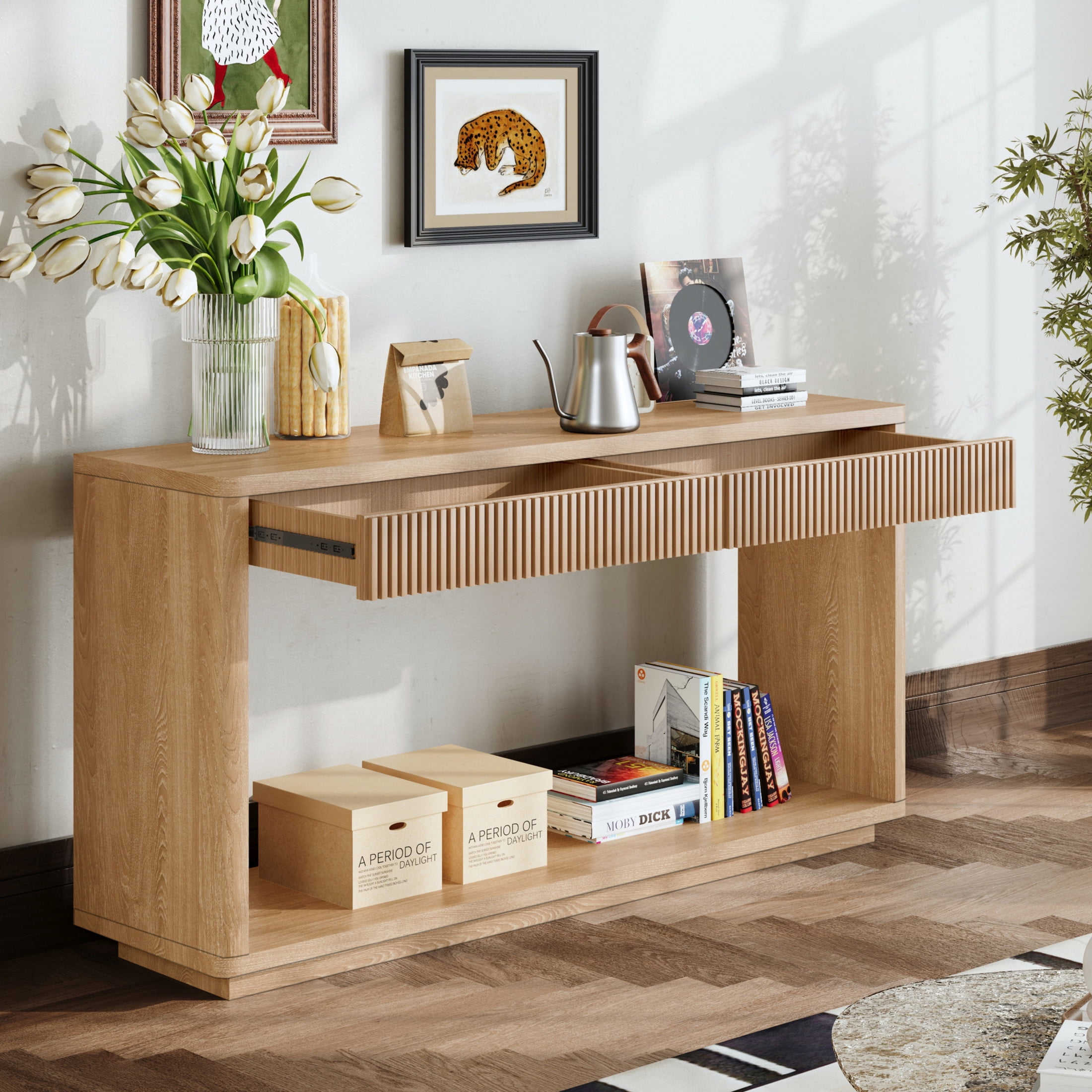 Noble House Weyburn Modern Fluted Console Table with Drawers, Solid Wood Veneer Sofa Table for Living Room, Natural