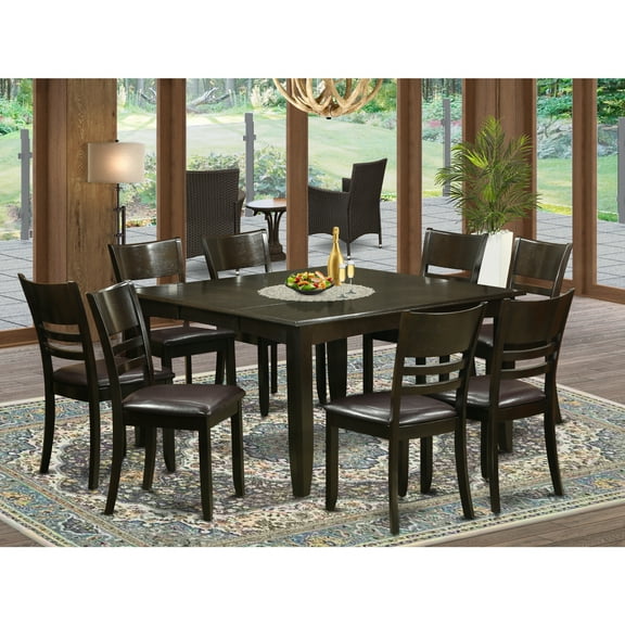 9 Piece Dining Set - Square Table with Leaf & 8 Kitchen Chairs - Rustic Farmhouse Style