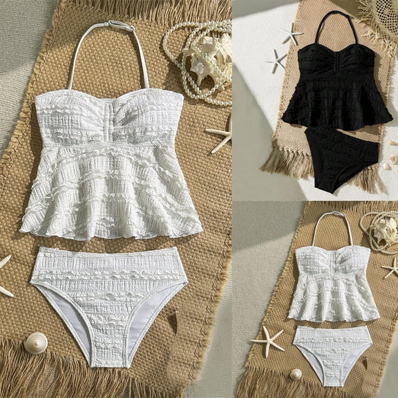 Teen Swimsuits High Elastic Ribbed Tankini 2 Piece Swimsuit Comfortable Girls Bathing Suits Black 9-10 Years