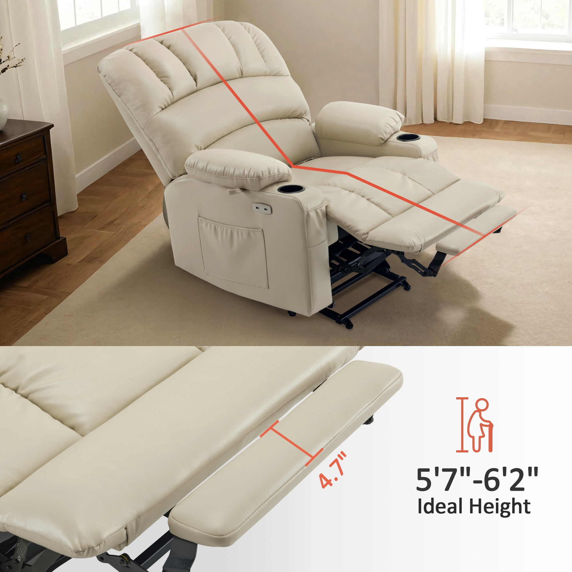 MCombo 27.2'' Extra-Wide Seat Oversized Power Lift Recliner for Big Tall, Faux Leather(Large-Wide, Cream White)