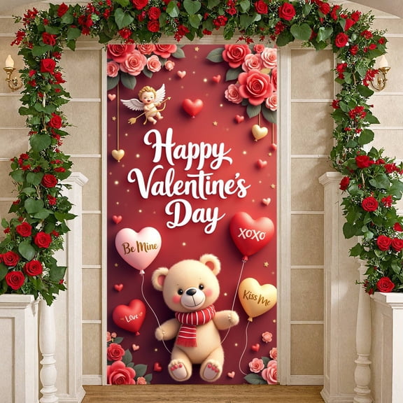 Red Theme Valentine's Day Banner Rose Decor Love Display Heart Balloon Cupid Design Heart Backdrop for Valentine's Party Romantic Date Couple Celebration