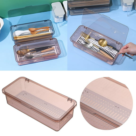 Silverware Organizer with Lid - Covered Cutlery Tray with Drainer - Portable Utensil Storage Container for Flatware - Countertop or Drawer Dinnerware Holder for Forks Spoons Knives