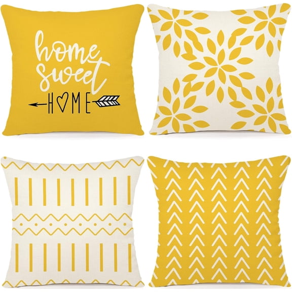 Pillow Covers 16x16 Set of 4, Modern Sofa Throw Pillow Cover, Decorative Outdoor Linen Pillow Covers Set of 4 for Couch Sofa Bed and Car, Yellow
