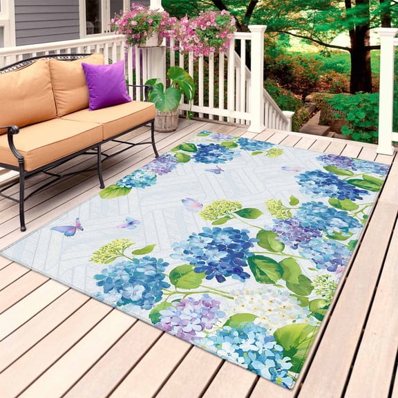 Blue Hydrangea Floral Outdoor Rug 3x5 Ft, Non Slip Washable Area Rug, Spring Butterfly Watercolor Flower Patio Rugs Carpet Runner, Large Floor Mat for Indoor/Outdoor Deck Porch Camping