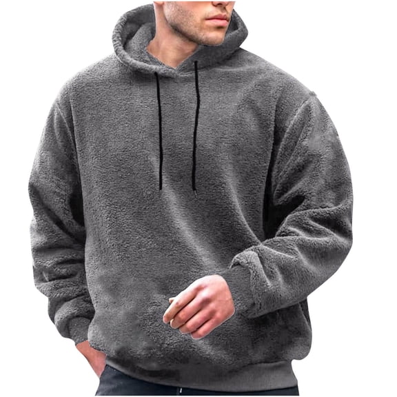 RongHuan Mens Sherpa Pullover Fuzzy Hooded Sweatshirt Loose Fit Soild Color Hoodies with Drawstring Fall Winter Long Sleeve Hoodie