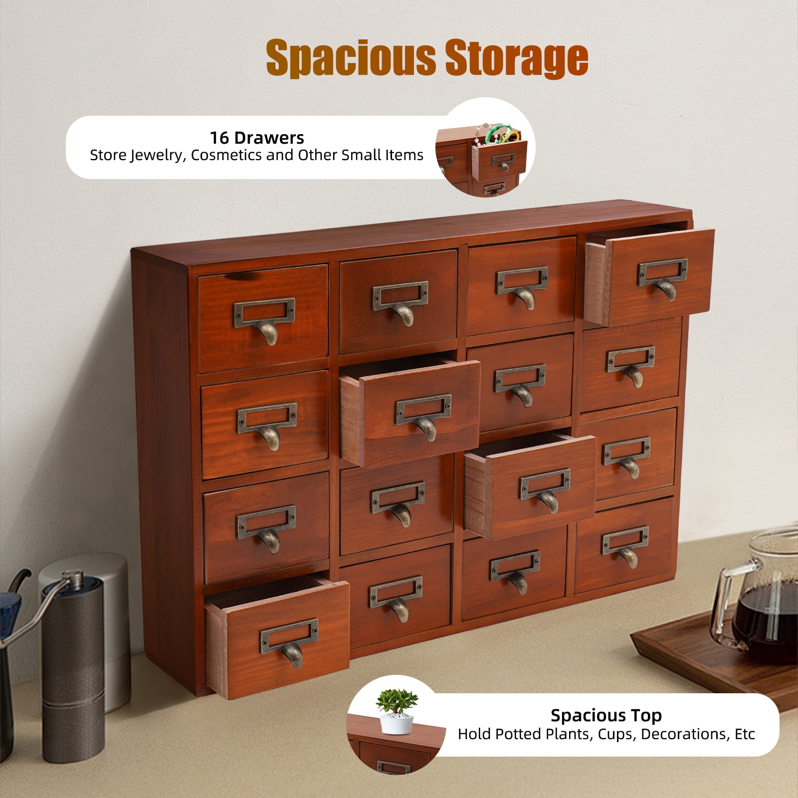 Peakora Vintage Wooden Cabinet Brown 16 Drawer Chinese Medicine Desk Drawer Organizer Small Storage Box for Living Rooms Bedrooms Study Rooms