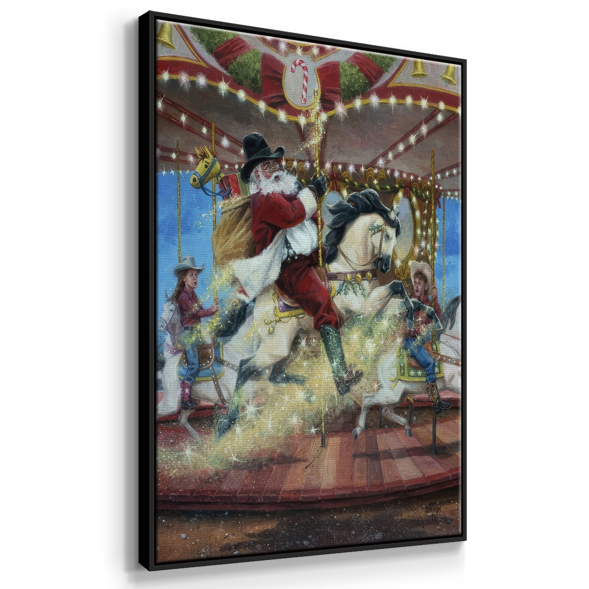 Merry Go Round - Framed Gallery Wrapped Holiday Canvas - 17 x 25 - Black Frame