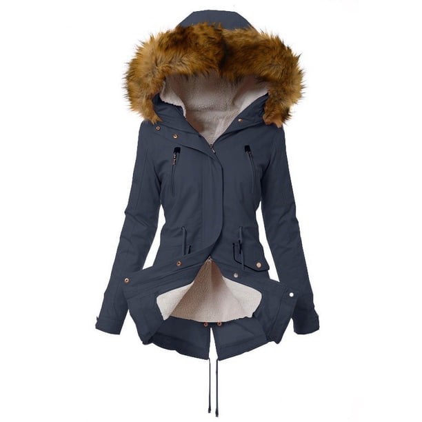 Abrigo de algodón para mujer, más terciopelo, grueso, cálido, de algodón, con cuello de piel y capucha, para otoño e invierno, resistente al frío