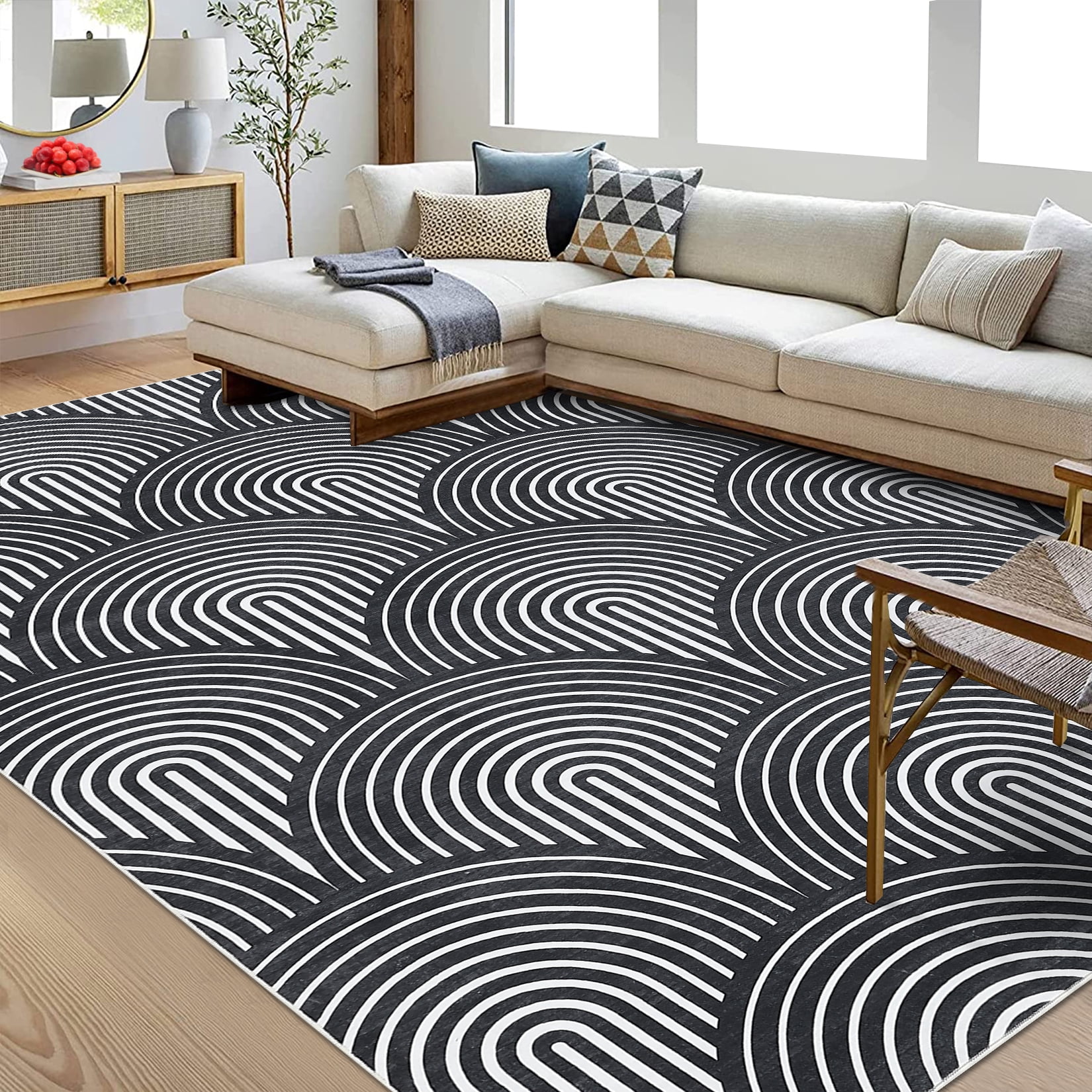 Hasoo Modern Arches Area Rug Mid Century Modern Bedroom Living Room Decor Floor Rug 9' x 12' Black