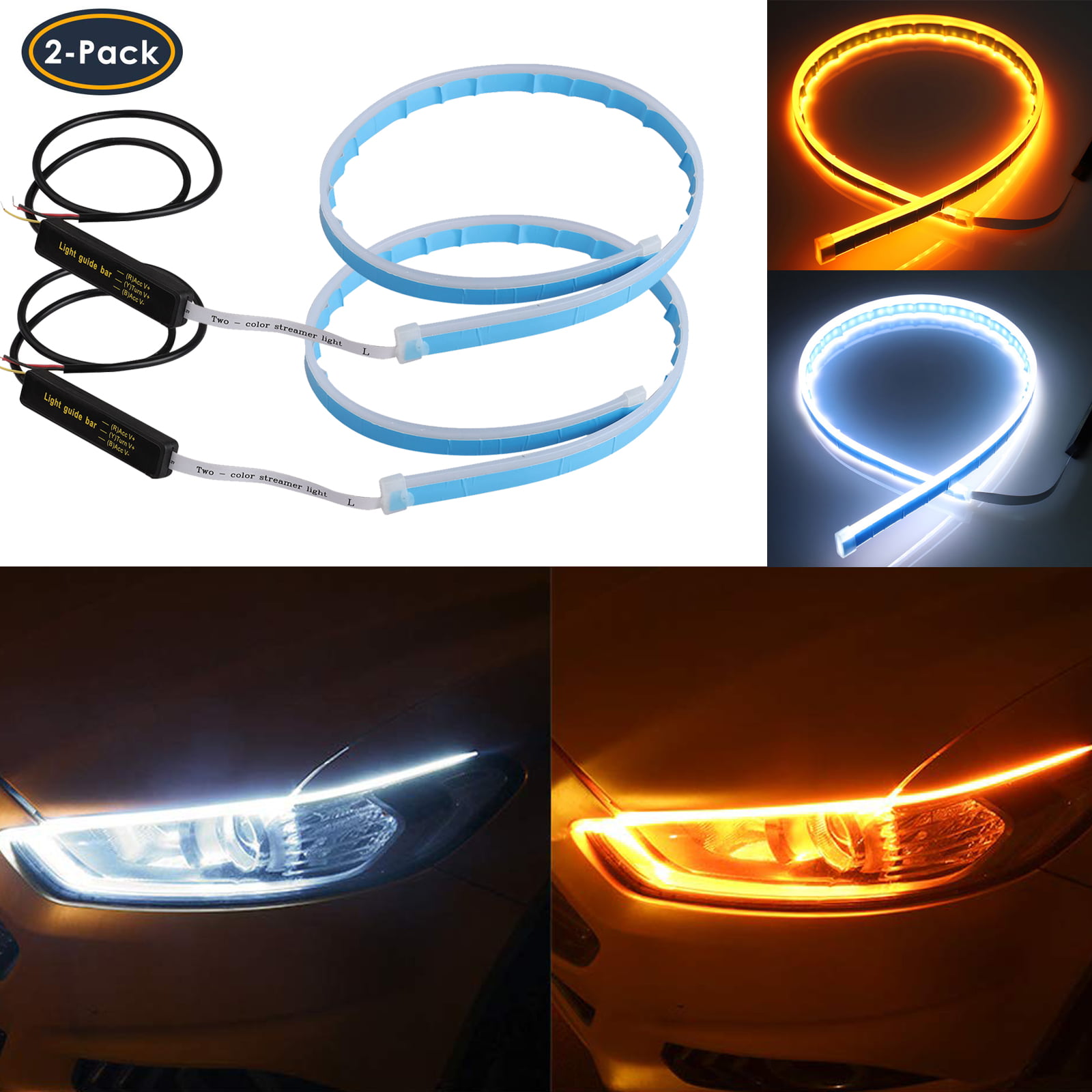 LECART 2Pcs Car Led Headlight Surface Strip Tube Light Dual Color White and Amber Yellow Headlight LED Strip Light Auto Turn Signal Lights Day Time Running Light Switchback Headlight Decorative Strips 
