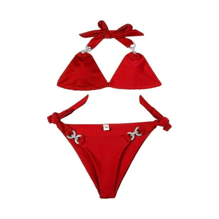 JIANJIA Swim Suits for Women Summer Rhinestone Solid Color Lace Up Halter Sexy Brassiere With Thongs Split Brazilian Two Piece Bikinis Swimwears Bathing Suits Red L