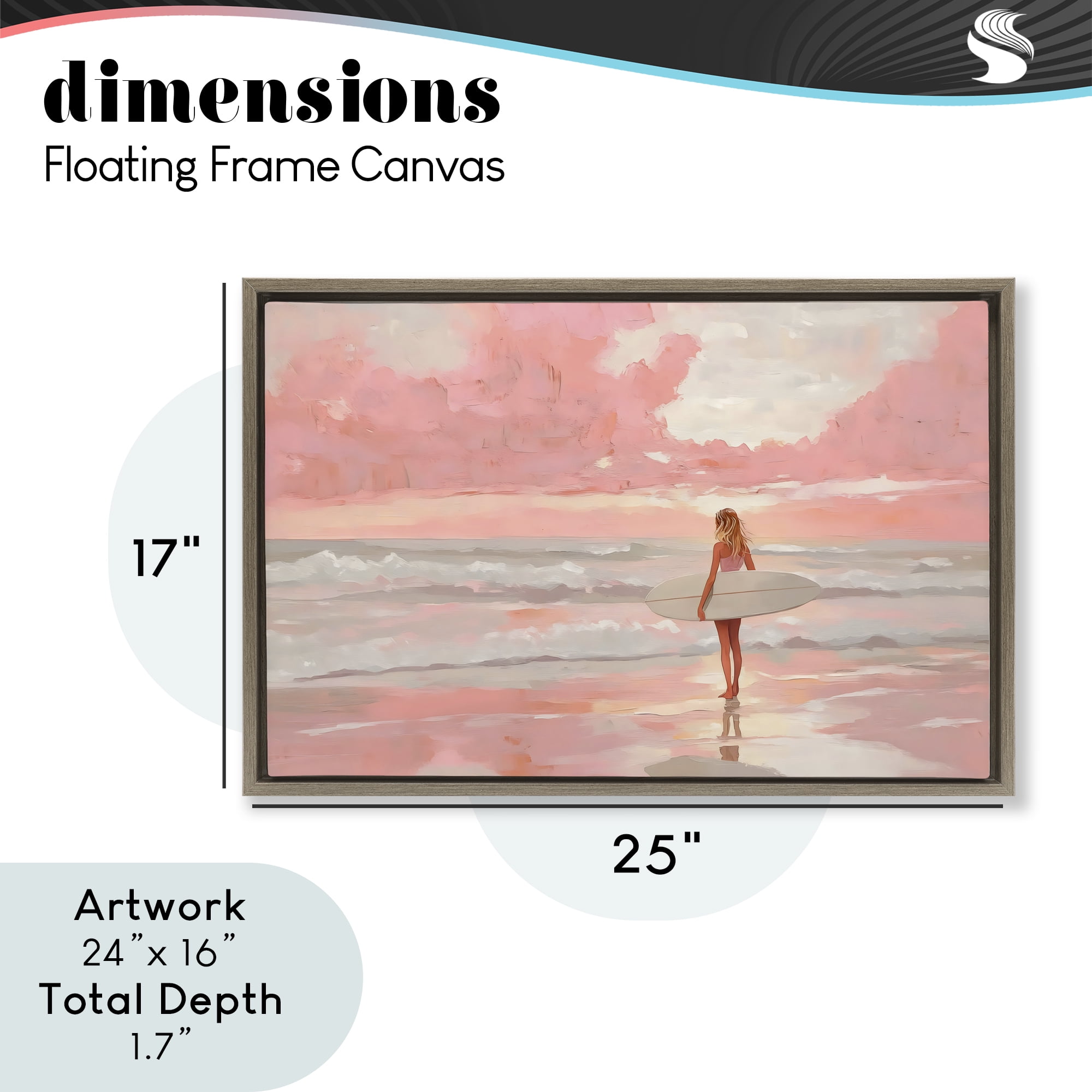 Pink Sky Surfer Brown Framed Floater Canvas Wall Art, design by LSR Design Studio