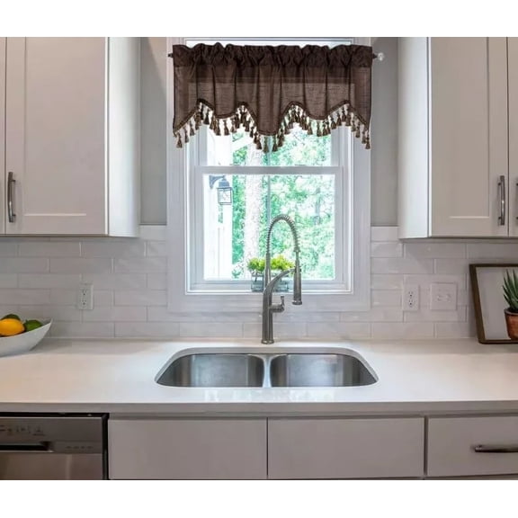 1-Piece Solid Faux Silk Swag Waterfall Ascot Window Curtain Valance w/Tassels Trim Rod Pocket 55" x 18" Wave