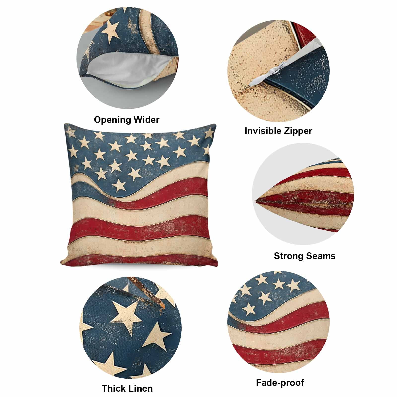 Pillow Covers 26x26 Inch, Vintage American Flag Linen Pillowcase with Invisible Zipper, Blue Red White Star US Flag Decorative Throw Pillow Covers Cushion Case for Couch Sofa Bed Living Room