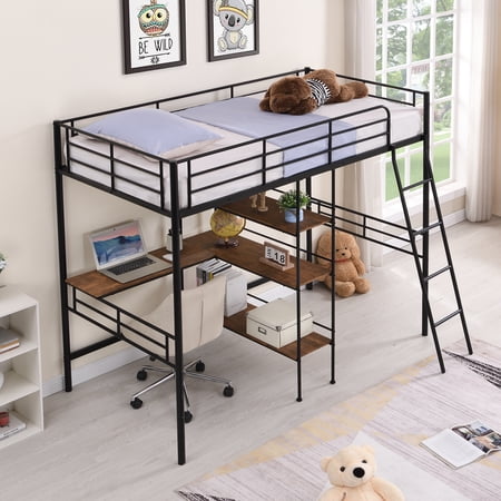 ikayaa Twin Size Metal Loft Bed and Built-in Desk and Shelves Black