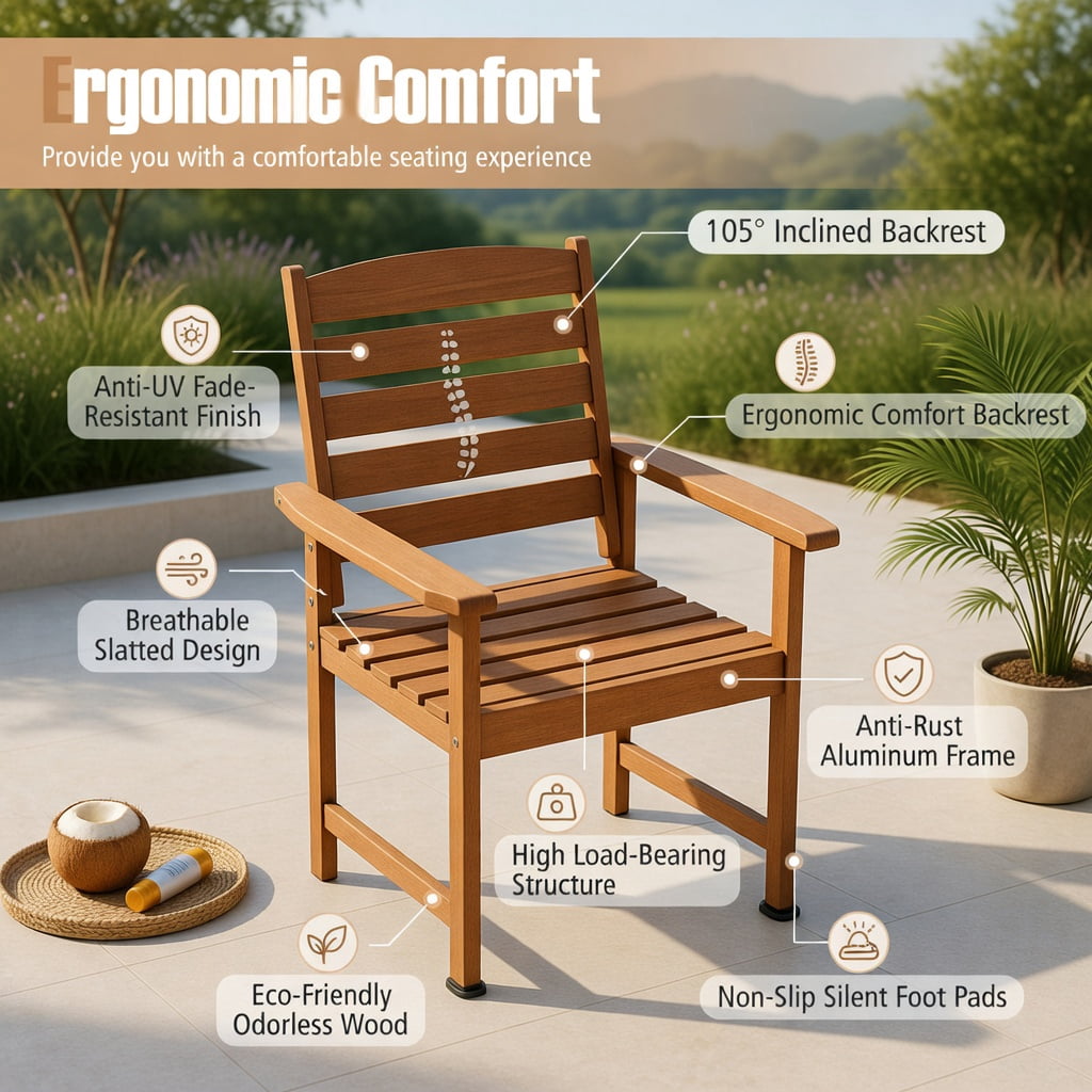 Hommoo Rustic Wood Outdoor Dining Chairs, Ergonomic 105° Backrest, Slatted Contoured Seat, Set of 2 Patio Chairs for Deck, Porch & Garden, Natural