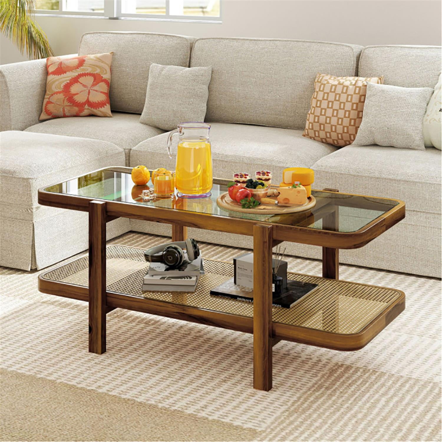 Demi Bonn 2-tier Modern Coffee Table, Dining Center Tables with Storage and Tempered Glass Tabletop for Living Room, Bedroom, Office and Balcony, Brown