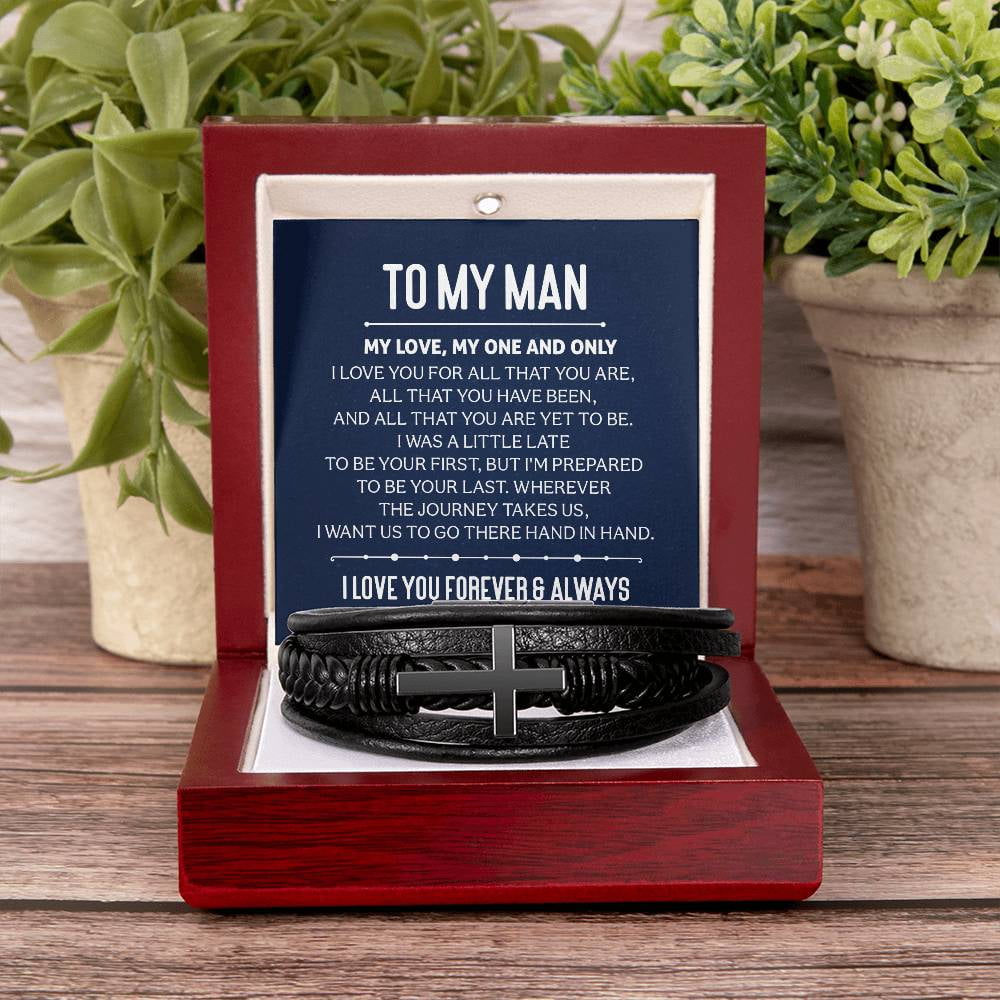 To My Man My Love My One and Only Men's Cross Bracelet - Vegan Leather with Stainless Steel