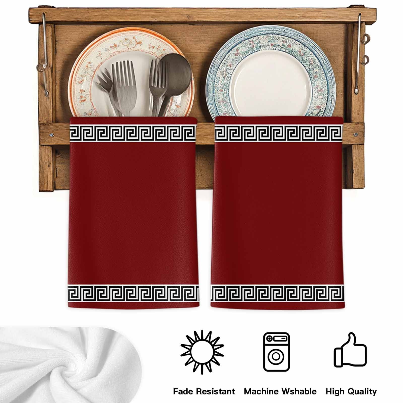 Dish Towels, Geometric Greek Key Design Absorbent Kitchen Towels 2 PCS, Red Microfiber Hand Towels Dish Cloths Tea Towels for Home&nbsp;Bathroom Cleaning Drying,18X28-Inch,