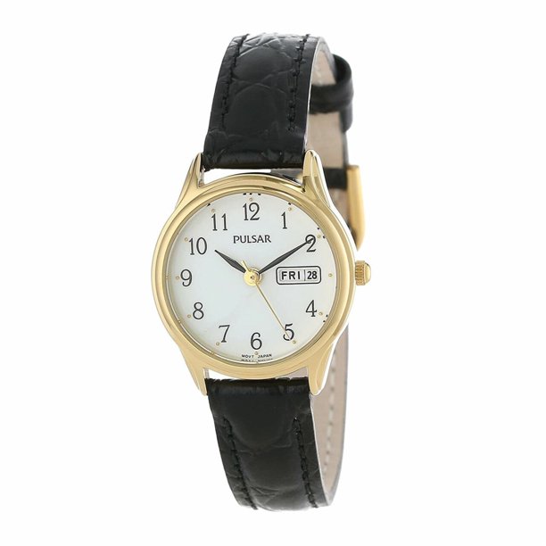 PXU012 Women's Gold Tone Black Leather Strap White Dial Watch