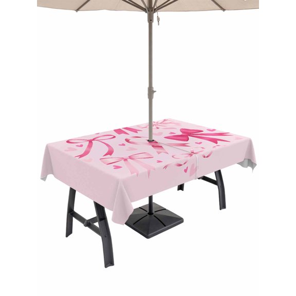 Outdoor Tablecloth with Umbrella Hole and Zipper, Valentine's Day Rectangle Table Cloth 60x84 Inch Waterproof Tablecloth, Pink Bows Romantic Love Heart Picnic Table Cover for Patio Camping