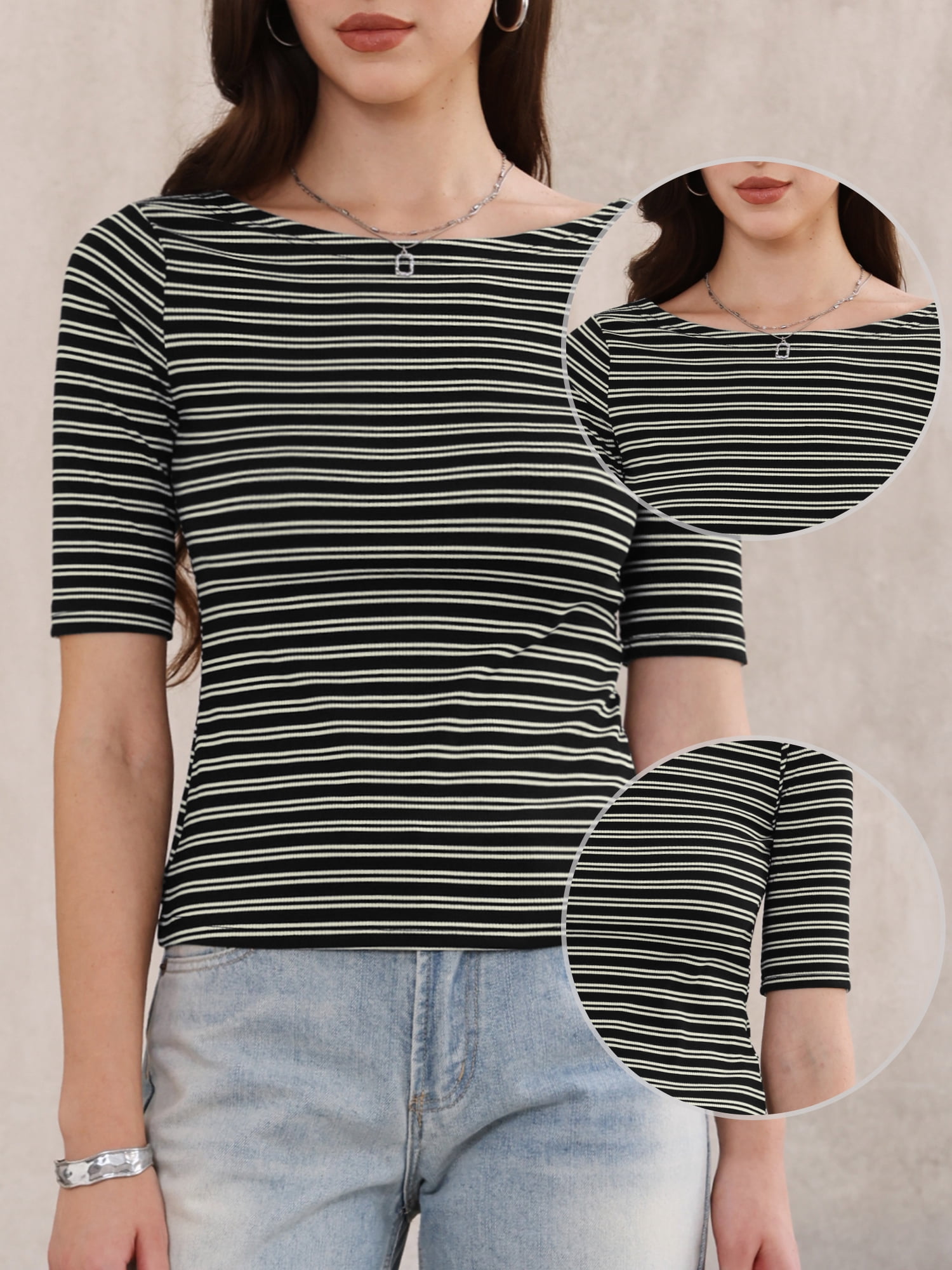 DARING DIVA Women's Striped Boat Neck Half Sleeve Tops Slim Fit rendy Outfits L Black