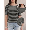 thumbnail image 2 of DARING DIVA Women's Striped Boat Neck Half Sleeve Tops Slim Fit rendy Outfits L Black, 2 of 6