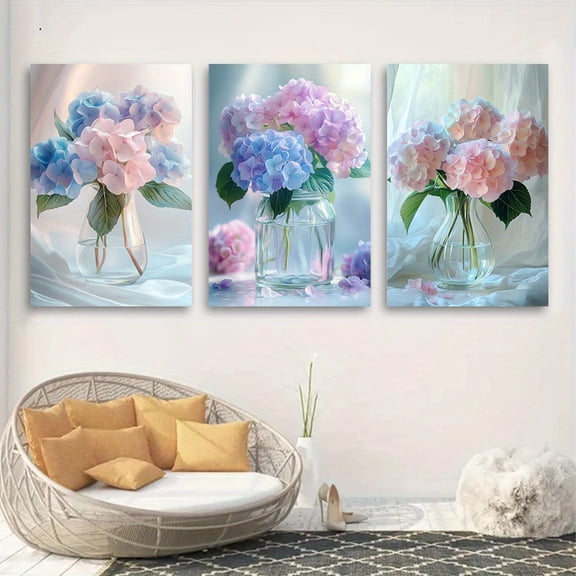Three-piece set of borderless floral canvas wall paintings, multi-color hydrangea print, 40x60cm/15.7x23.6inch, modern home decoration, living room, bedroom, office decoration