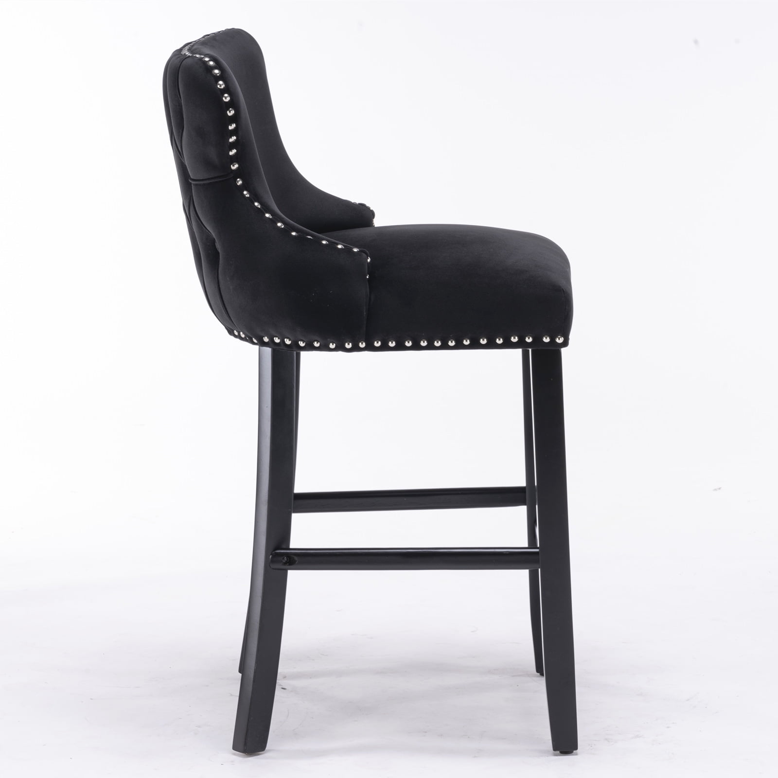 27" Padded Bar Stools, Tufted Velvet Upholstered Wing-Back Barstools with Nailhead Trim, Footrest and Solid Wood Legs, Comfy Button Tufted Counter Height Chairs Kitchen Chairs (Black,Set of 2)