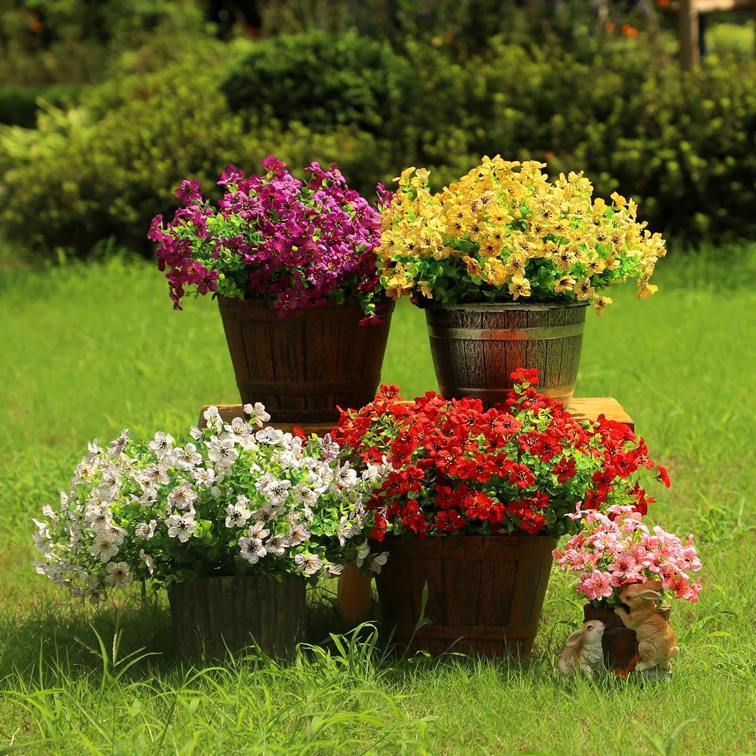 Artificial Flowers for Outdoors Plants Fake Plants Uv Resistant Faux Plastic Daffodils Flower Greenery Boxwood for Spring Planters Outdoor Front Porch Garden Porch Patio Decoration (Red)