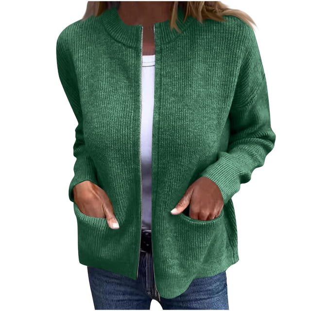 Mgmyaa Veste en Tricot pour Femmes Manches Longues Rayée avec Poches Cardigan à Fermeture Éclair