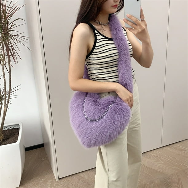 Bolso de hombro peludo para mujer, bolso informal con forma de corazón de amor, bolso elegante para chica con cadena suave