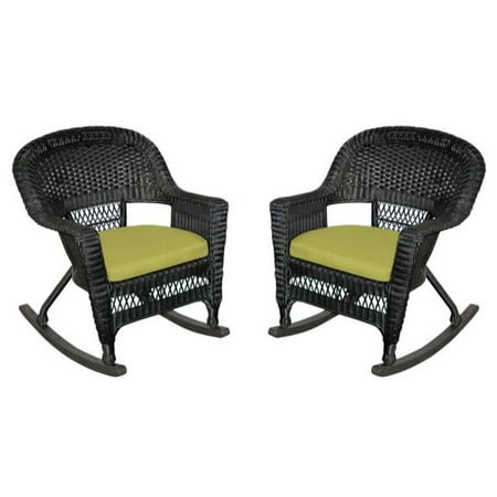 2-Piece Tiana Black Resin Wicker Patio Rocker Chairs Set - Green Cushions