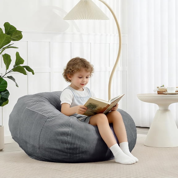 Bean Bag Chair with Corduroy Cover and Memory Foam Filled for Teens and Kids, Small Comfy Fluffy Floor Chair for Living Room Bedroom (Gray, 2.5FT)