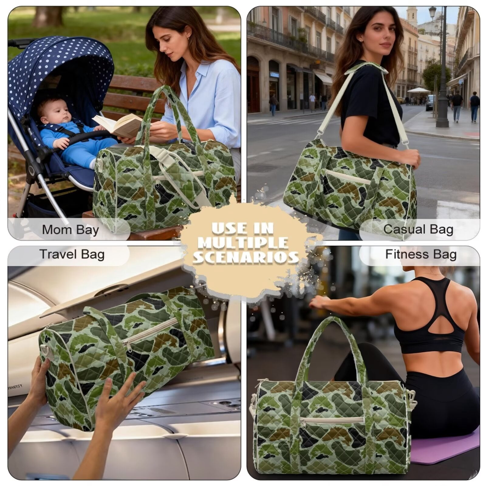 Garronmavis Camo Print Large Quilted Duffle Bag for Women, Travel Weekender Bag Overnight Gym Carry On Tote Bag with Zipper Pockets for Dance, Work & Trips