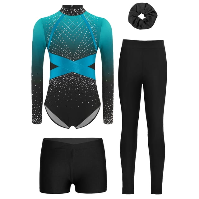 Runhomal Girls 4Pcs Dance Leotard Set Rhinestone Gymnastics Outfits with Shorts Long Sleeve Figure Skating Leotard Light Blue 8