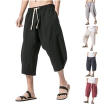 Jinhomg Solid Harem Pant for Men Breathable Comfy Cotton Capri Pant Big and Tall Casual Elastic Waist Capris Lightweight Vacation Beachwear Seasonal Sale L