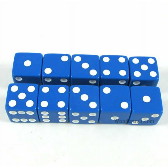 Blue Opaque Dice with White Pips D6 16mm (5/8) Set of 10 Koplow Games